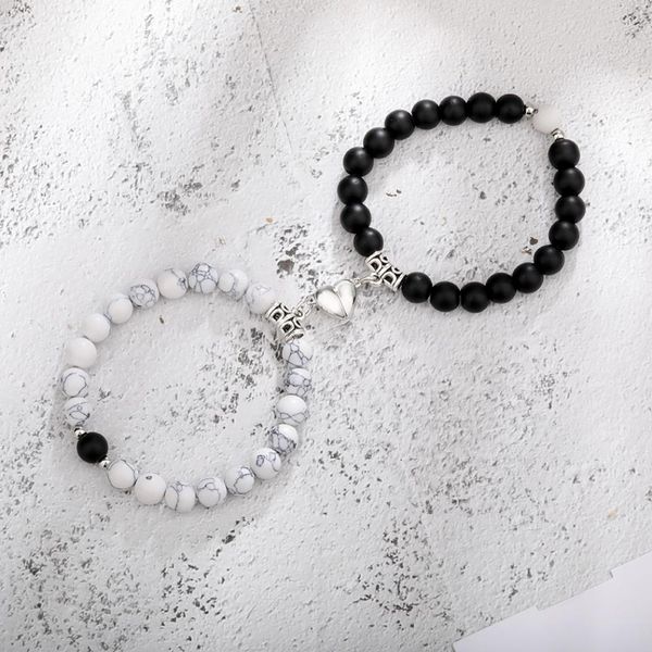 

2pcsset magnetic distance bead bracelet couple minimalist heart lovers matching friendship bracelets for women6504412, Black