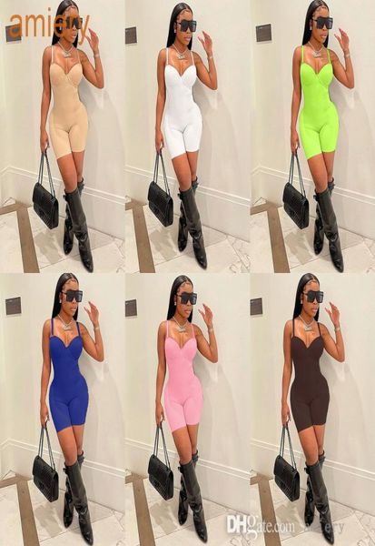 

spring 2022 women jumpsuits new arrivals nude sleeveless strap v neck short club pants slim one piece rompers3611461, Black;white