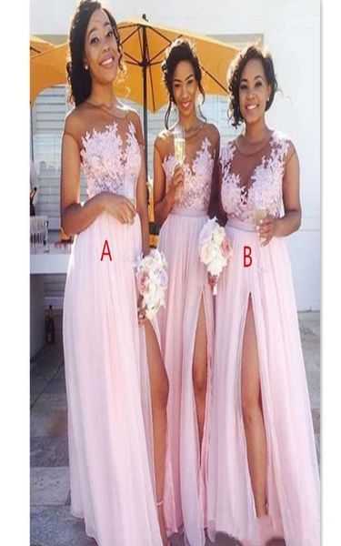 

country blush pink bridesmaid dresses 2020 sheer jewel neck lace appliques maid of honor dresses split formal evening g8770597, White;pink