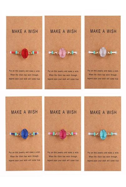 

handmade druzy resin stone bracelet make a wish card wax rope braided bracelets bangles with rice bead for women girls summer beac6881650, Golden;silver