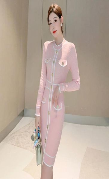 

2022 new spring fashion women039s oneck long sleeve color block single breasted knitted bodycon tunic pencil sweater dress sml9071507, Black;gray