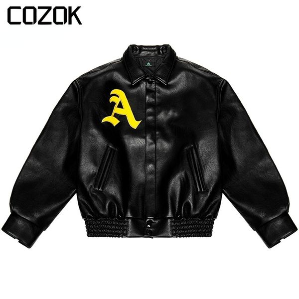 

men's jackets hip hop men bomber jacket motorcycle embroidery leather college jacket fashion casual varsity jacket baseball coats 23080, Black;brown