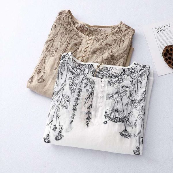 

summer retro shirt hemp loose large size slimming a edition national trend embroidered thin for women, White