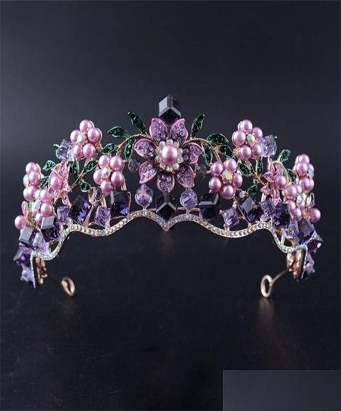 

wedding hair jewelry luxury baroque purple crystal pearl bridal crown tiara magnificent diadem for bride headband acces otewa9846681, Slivery;golden