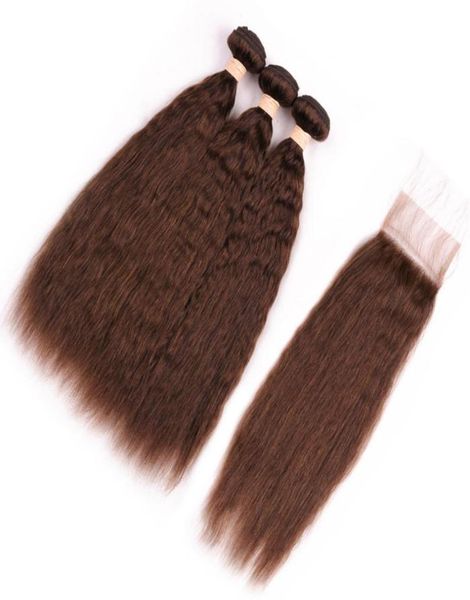 

chocolate brown kinky straight human hair 3bundles with closure 4 medium brown coarse yaki brazilian hair weaves with lace closur7353481, Black