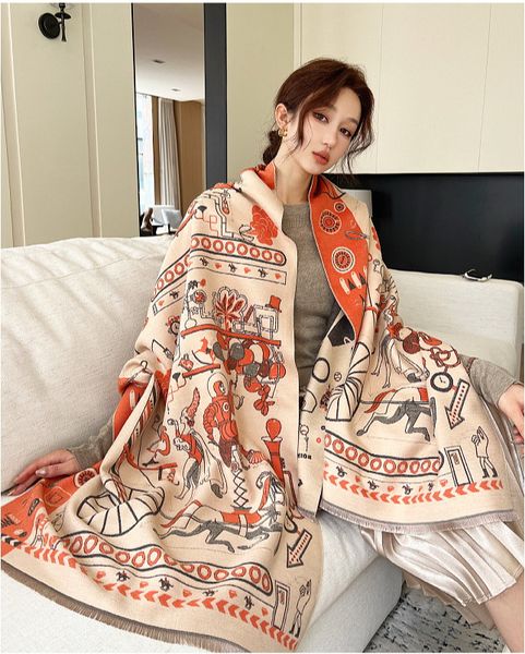 

2023 scarf cashmere thick shawl women long winter wram pashmina wraps winter scarves male warmer women's horse steed totemprinting wool, Blue;gray