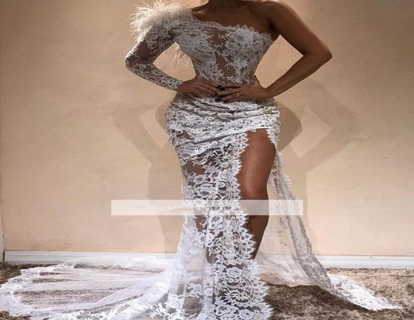 

high slit mermaid prom dresses long elegant feathers oneshoulder lace prom gown custom make party dress vestidos de gala1712960, Black
