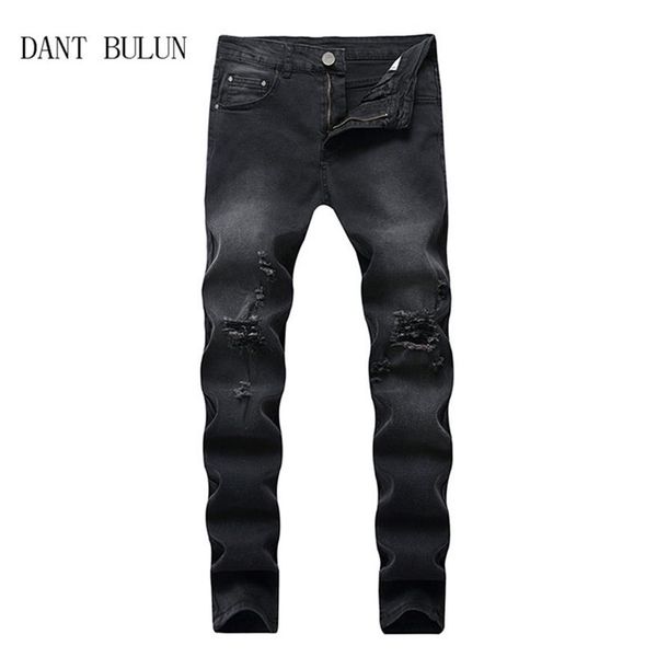 

black ripped jeans men slim skinny holes biker jeans destroyed mens designer jogger pants hip hop street trousers301t, Blue