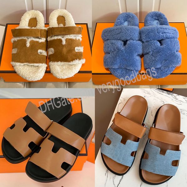 

designer chypre slippers fur sandals beach classic flat sandal furry luxury summer lady leather flip flops men women fuzzy slide, Black
