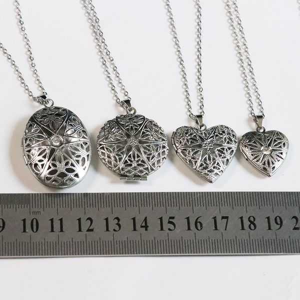 

everfast 10pc cutout oval heart round locket stainless steel pendant necklace crystal p frame charm necklaces women men family memorial jewe, Silver