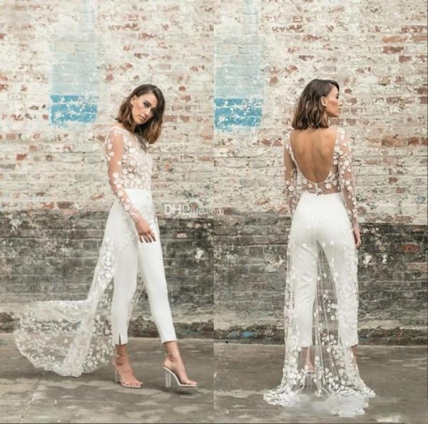 

designer jumpsuit beach wedding dresses jewel neck long sleeve backless ankle length bridal outfit lace summer wedding gowns9337434, White
