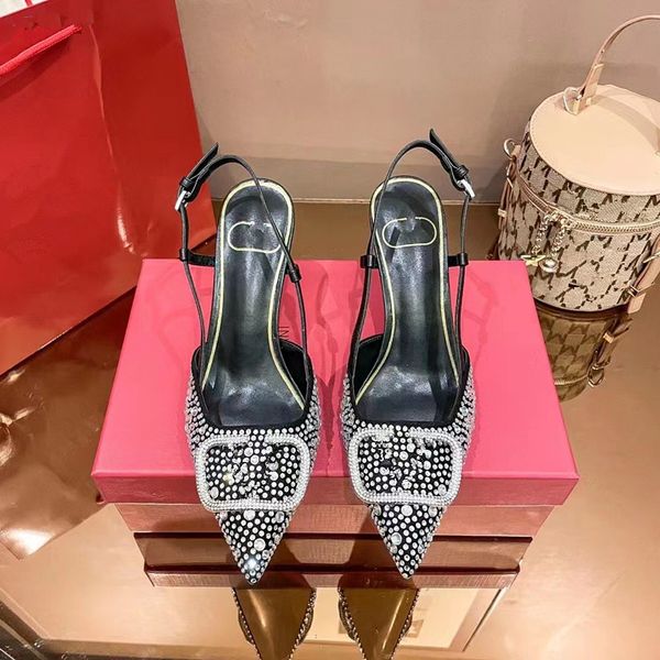 

2023 new designer ladies sandals rhinestone celebrity french pointed high heels british style show fashion women's shoes, Black