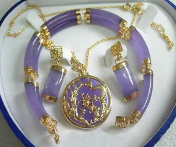 

purple jade gold plated fortune dragon phenix bracelet pendant necklace earrings3450426, Black