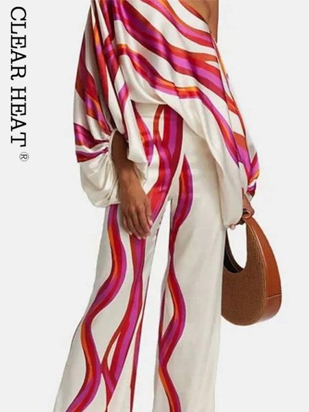

women's two piece pants women casual satin print suit fashion hollow off shoulder with long pants 2 piece sets spring loose commuting, White