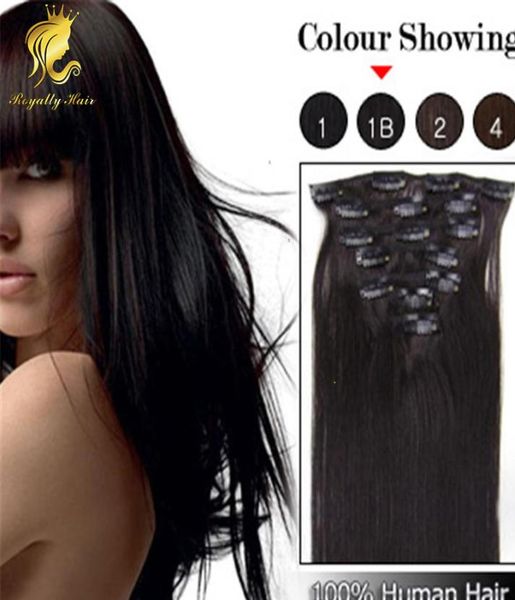 

1b off black clip in human hair extensions brazilian human hair straight 1622inch 7pcs clip in hair extensions1566016, Black;brown