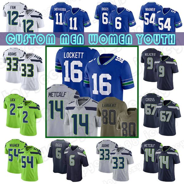 

14 dk metcalf football jersey 9 kenneth walker iii 16 tyler lockett 54 bobby wagner 2 drew lock 27 tariq woolen 12 fan 11 jaxon smith-njigba, Black;red