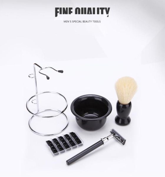 

shaving care set brush stainless steel stand soap bowl professional beard moustache tool father or mens gift razor blades9240471