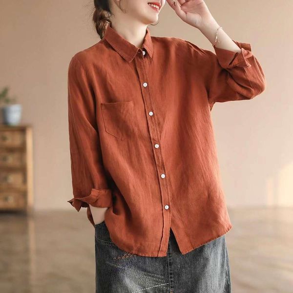 

cotton and linen long sleeved shirt for womens autumn loose skin covering slim looking pure color all matching top, White