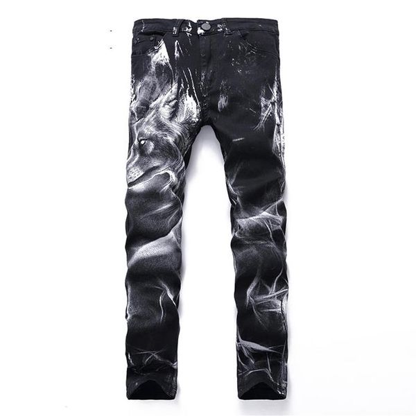 

gersri men jeans patchwork retro pants lion pattern cool slim classic denim personality design trousers big plus size men's267r, Blue