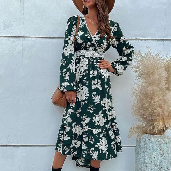

womens fashioned spring style ruffled long sleeve irregular print dress, Black;gray