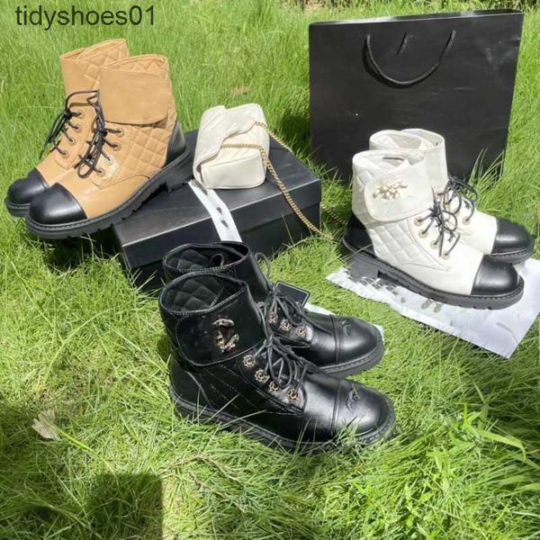 

channel genuine leather lingge contrast martin boots women's lace up thick heel thick sole short boots 2023 new autumn and winter boots, Black