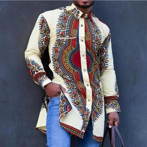 

african men shirts long sleeve retro autumn 2021 muslim geometric printed business blouses single-breasted shirts238k, White;black