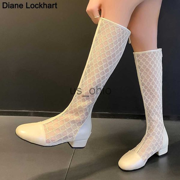 

boots womens shoes summer low heel knee high boots women breathable lace mesh hollow cool boots solid color thick heel boots j230811, Black