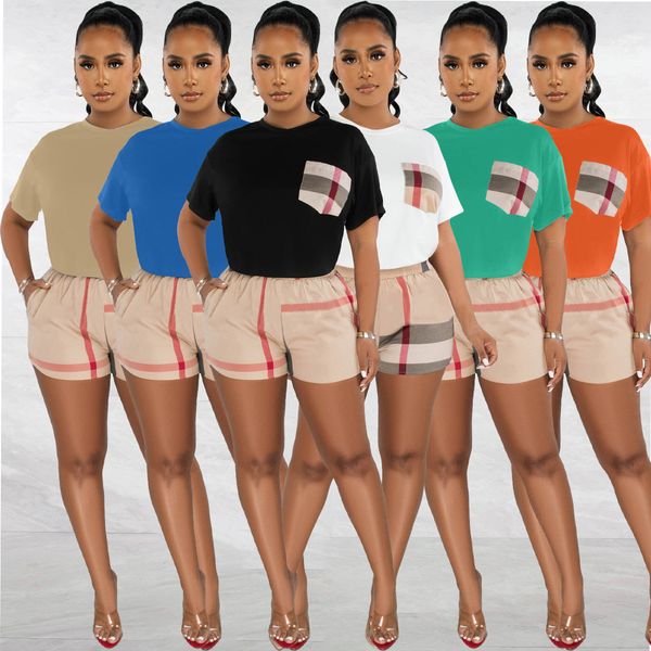 

women's tracksuits 2023 summer new fashion casual t-shirt women's two piece printed plaid pocket shorts women's set, Gray