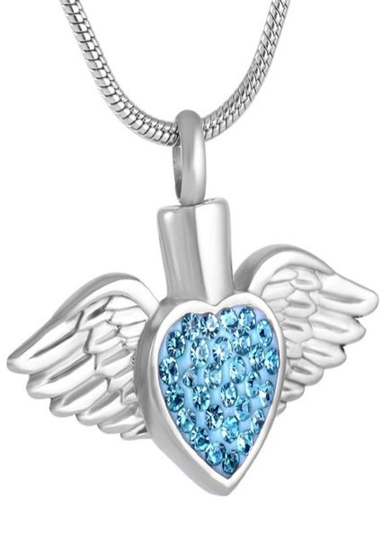 

z8496 blue color heart angel wings design 316l stainless steel cremation pendant human ashes container memorial urn necklace3324212, Silver