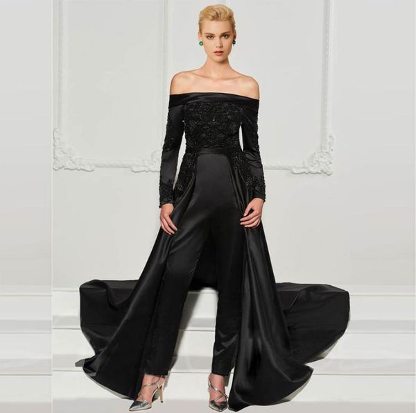 

fashion black lace jumpsuits evening dresses with detachable train off the shoulder beaded formal gowns long sleeves sequined prom4316177, Black;red