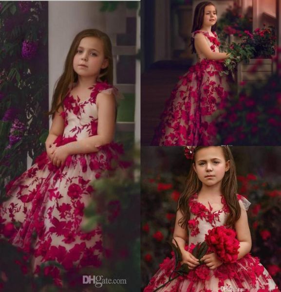 

2020 cute ballroom flower girl dresses jewel neck 3d floral appliqued long girl pageant gowns ruffle floor length custom made birt4444532, White;blue