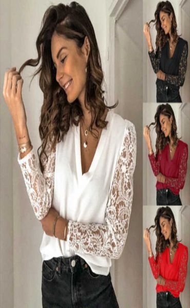 

new women vneck lace hollow out blouse patchwork long sleeve blouses white office ladies casual solid female 2625832
