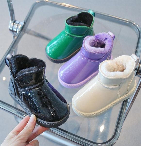 

boots winter kids shoes pure color waterproof clear ankle furry pu leather snow nonslip boys girls short f08222 2209133829298, Black;grey