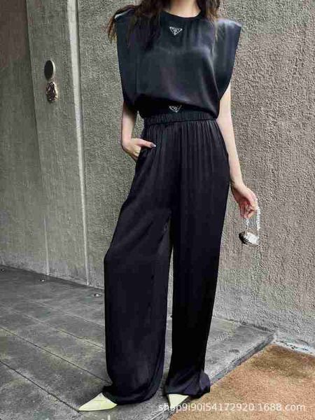 

women's two piece pants designer p family 23 summer new acetic acid satin sleeveless shoulder pad metal emblem wide leg trouser set for, White