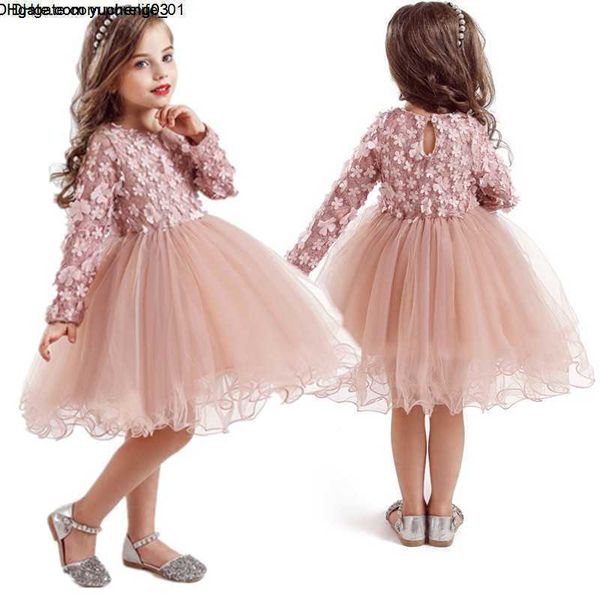 

spring little girls flower lace princess dress party dresses children holiday mesh tutu dress kids long sleeve casual clothing, Red;yellow