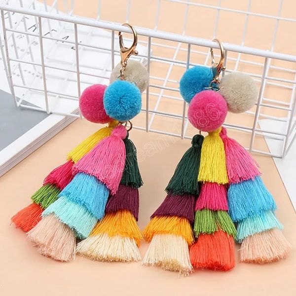

bohemian colorful pompom tassel keychain women fluffy plush hairball pendant keyrings hanging ornaments hangbags decorations, Silver