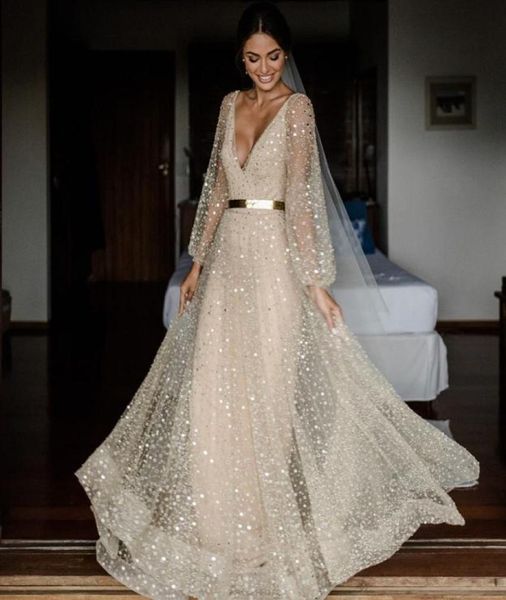 

boho champagne wedding dresses v neck long sleeves sequined bridal gowns floor length plus size beach bohemian wedding dress4511670, White