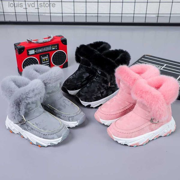 

fashion winter kids girls snow boots cotton shoes warm pink booties gray rabbit fur camouflage boys boots buckle shoes t230811, Black;grey