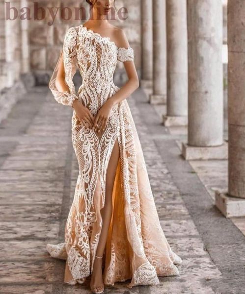 

graceful champagne one shoulder thigh slits mermaid wedding dresses long sleeve lace appliques overskirt pearls beach wedding gown1411322, White