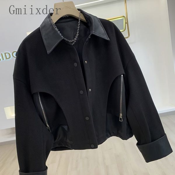 

mens jackets gmiixder pu leather patchwork short woolen jacket men women spring autumn designer niche spliced zipper lapel coat 230810, Black;brown
