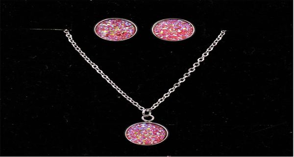 

fashion druzy drusy necklace earrings 12mm stainless steel round resin druzy necklace earrings jewelry set2895522, Silver