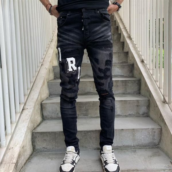 

fashion men jeans jeans designer am elastic letters embroidery hole wash rock style casual street jeans large size255i, Blue