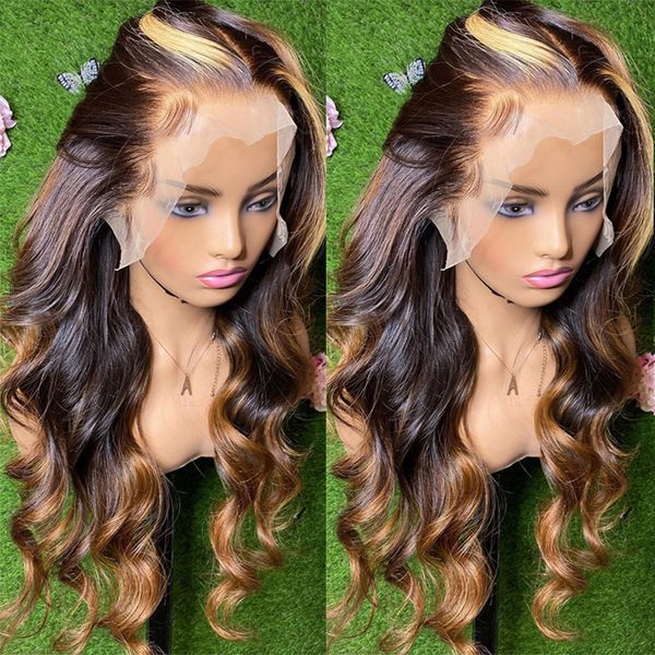

180%density 28 30 Inch Highlight Honey Body Wave 13x4 HD Lace Front Human Hair Wigs Remy Ombre Colored Wavy Lace Frontal Wigs for Women, 4x4 lace wig