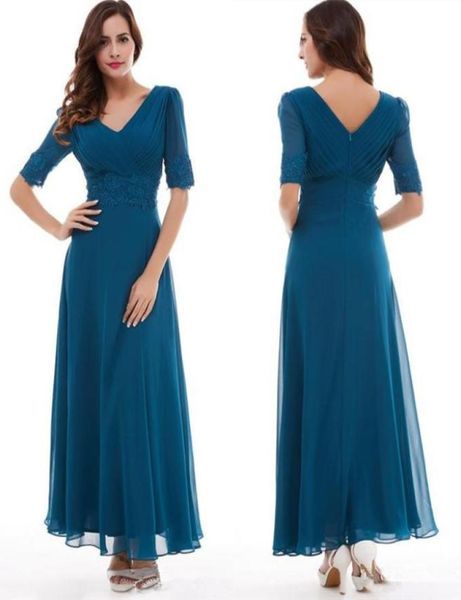 

ankle length chifffon mother of the bride dresses 2019 v neck applique half sleeves ruched zipper back prom gowns3999511, Black;red