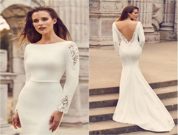 

gorgeous mermaid wedding dresses long sleeves backless lace appliqued bridal gowns sweep train custom made ruched satin robes1322825, White