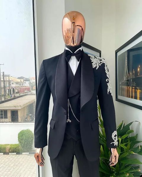 

formal black men wedding tuxedos sequins appliques shawl lapel groom wear slim fit jacket suits prom party pants coat 3 pieces, Black;gray