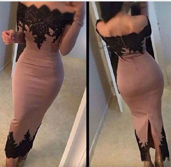 

elegant sheath ankle length evening dresses for woman off shoulder long sleeve black lace appliques special occasion wear prom dress back sl, Black;red