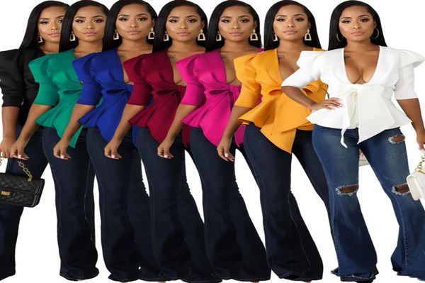 

puff sleeve tunic blouses women plus size peplum bowknot ruffles ladies party club yellow white4291462, White