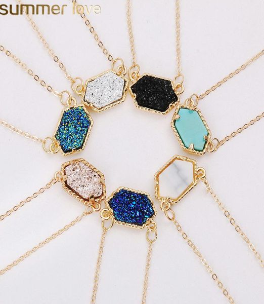

new design geometric druzy necklaces 14 colors gold silver plated geometry stone pendant necklace for elegant women girls fashion 4081603