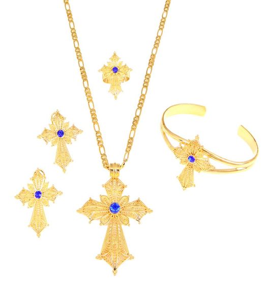 

ethiopian stone cross jewelry set gold color necklace earrings ring bangle africa dubai bridal wedding sets9463355, Black